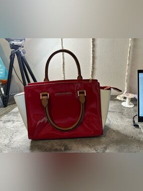 Michael Kors Red Patent Leather Tote with White Side Panels and Tan Handles